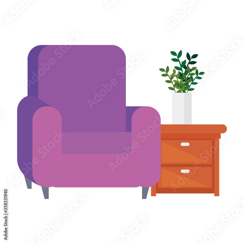 comfortable sofa, luxury couch, with wooden drawer, domestic couch furniture vector illustration design