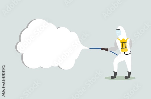 Medical staff or health workers spray disinfectant fluids in the surrounding environment to prevent transmission of the corona virus (COVID-19)
