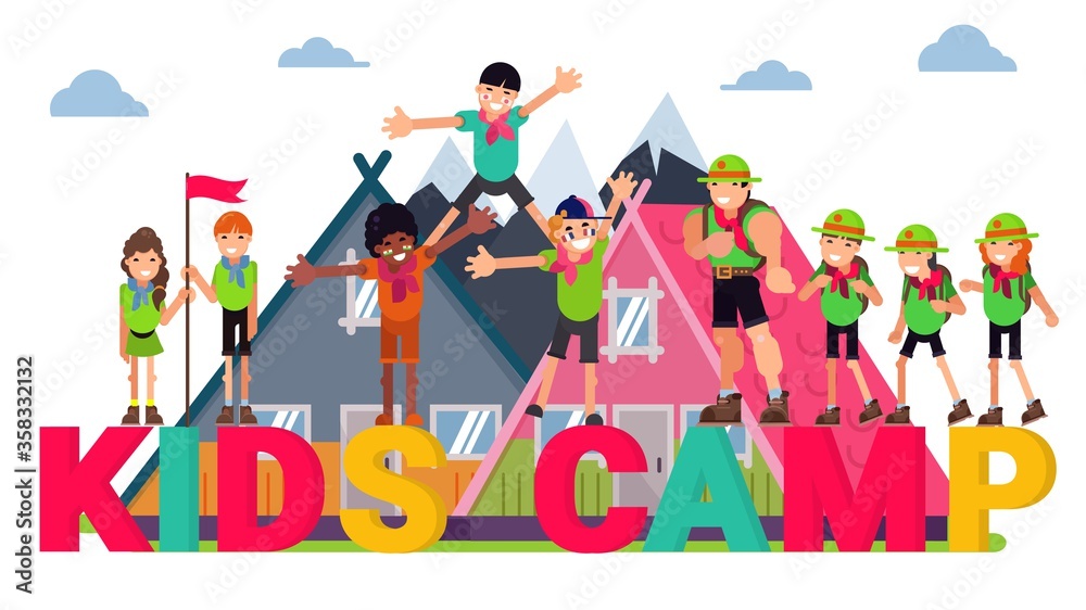 Summer kids camp concept, vector illustration. Scout adventure at nature, travel cartoon vacation design. Fun outdoor tourism at forest background, child and teacher character camping.
