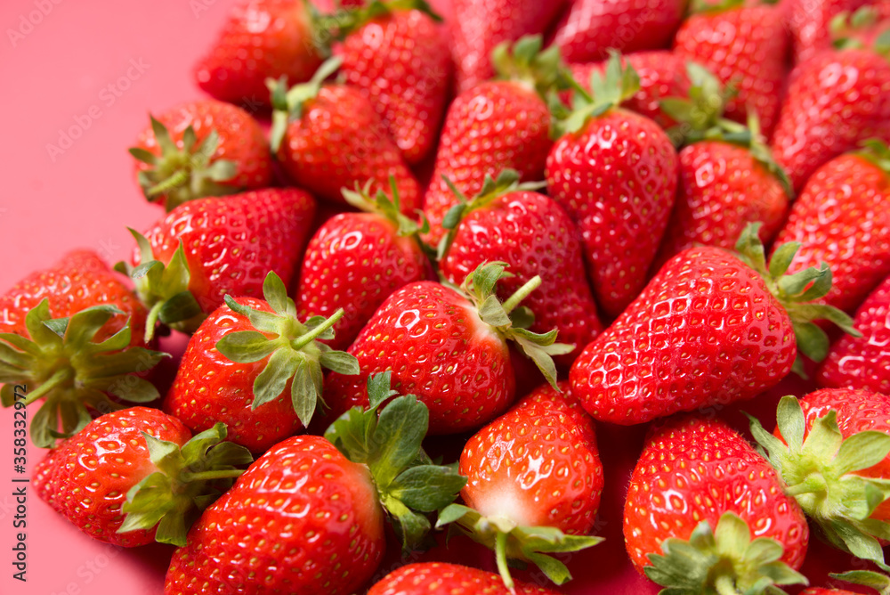 Ripe juicy orgaic strawberries on a red background. Ripe juicy orgaic strawberries on a red background.