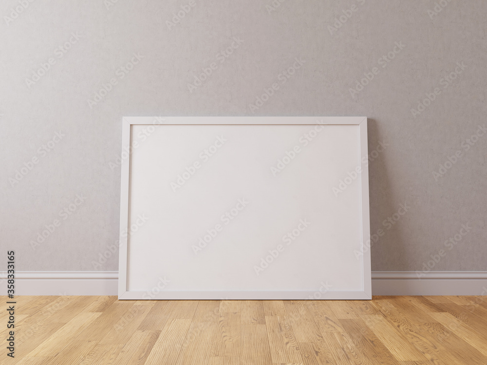 Horizontal white frame mock up. White frame poster on wooden floor with white wall. 3D illustrations. Horizontal white frame mock up. White frame poster on wooden floor with white wall. 3D illustrations.
