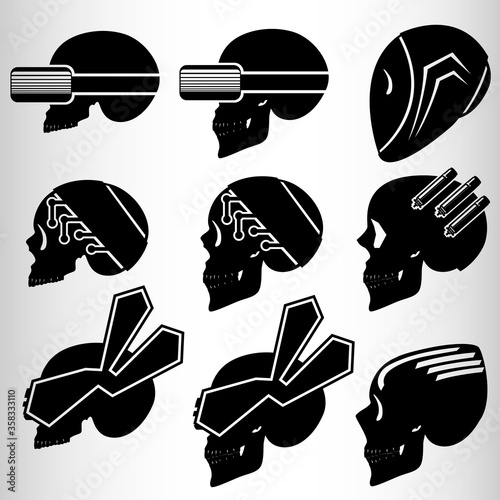 A set of nine skulls in the style of cyberpunk. Set for emblems or tattoos, cyborg skull. Nine emblems in the style of cyberpunk, skulls with implants.