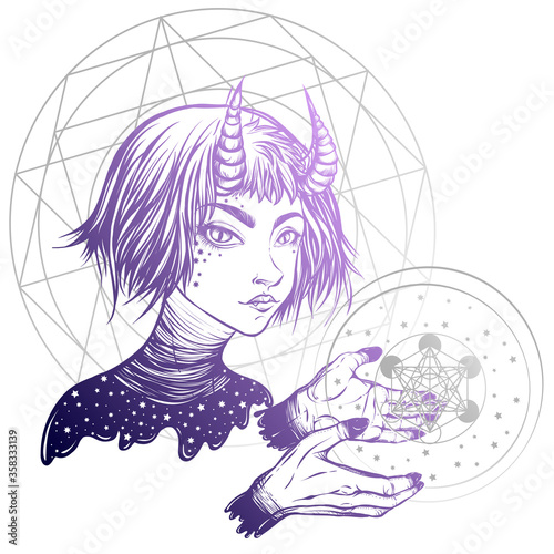Vector illustration. Space demon, Girl with horns, magic. Handmade, background white, prints on T-shirts, tattoos. purple, gray color
