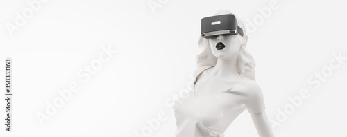 VR headset  online shopping. 3d render of the woman  wearing virtual reality glasses on white background. Woman buys a goods in one click. You will also find a EPS 10 for this image in my portfolio