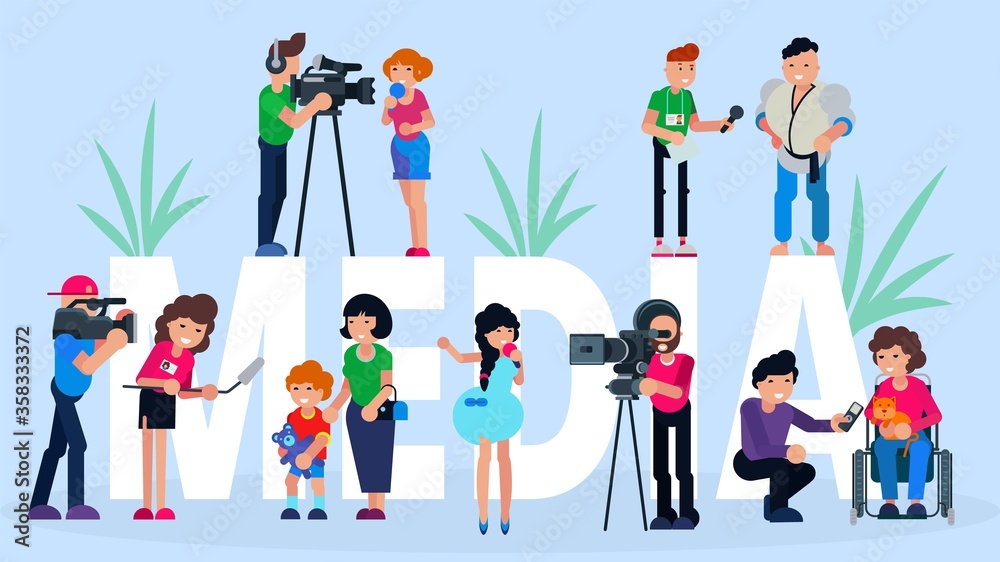 Interview media tv news, vector illustration. Reporter and journalist with microphone, press report at camera broadcasting. Flat television people character conference and reportage live.