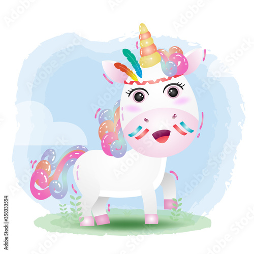 a cute unicorn in a headdress with feathers. Cartoon apache unicorn. Vector illustration