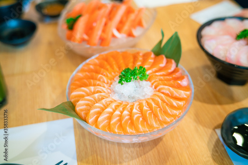 Salmon and Tuna sashimi raw fish in traditional Japanese style