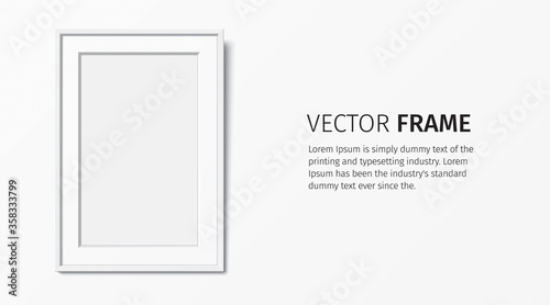 White wooden frame with Passepartout, hanging on the white wall background. Realistic blank frame mockup, for text or image placement. Empty elegant frame vector template with copy space.