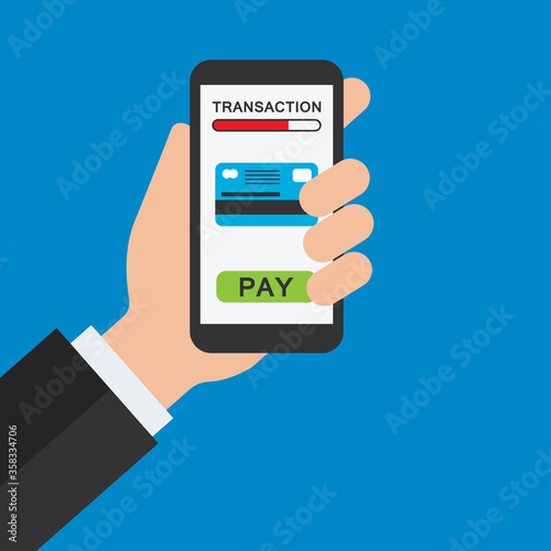 money transaction on mobile banking app, hand holding mobile for on line business concept. vector illustration 