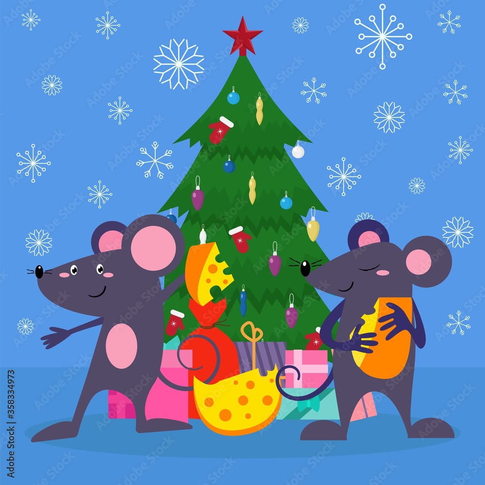 Happy new year mouse animal design, vector illustration. Holiday gift near cartoon tree, 2020 christmas card background. Cute rat with cheese celebration symbol, funny flat character. Happy new year mouse animal design, vector illustration. Holiday gift near cartoon tree, 2020 christmas card background. Cute rat with cheese celebration symbol, funny flat character.