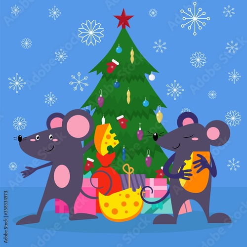 Happy new year mouse animal design, vector illustration. Holiday gift near ca...