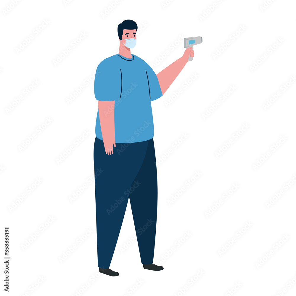 covid 19 coronavirus, man holding infrared thermometer to measure body temperature vector illustration design covid 19 coronavirus, man holding infrared thermometer to measure body temperature vector illustration design