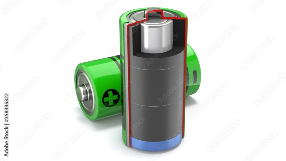 Cross section of of alkaline battery animation - 3D animation seamlessly loopable Cross section of of alkaline battery animation - 3D animation seamlessly loopable