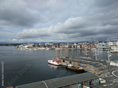 Oslo, Norway. August 25, 2017: Top view of ships and boats in the port of Oslo, Norway.