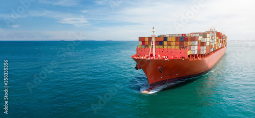 Aerial in front of cargo ship carrying container and running with tug boat for export cargo , webinar banner
