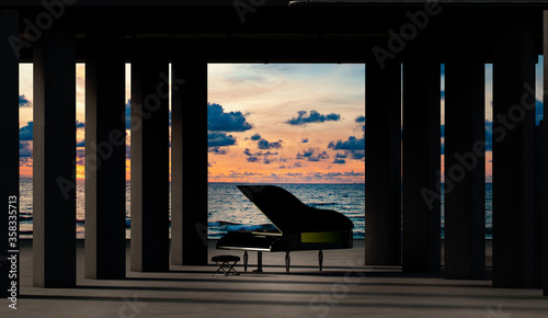Fondo musical. Concepto de música de piano. Ilustración en 3D. Piano de cola en  arquitectura interior de hormigón. Arte e instrumentos musicales.