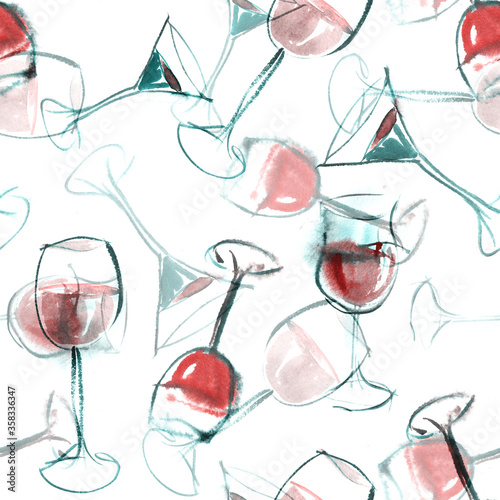 Watercolor Seamless Pattern of Wines Glasses