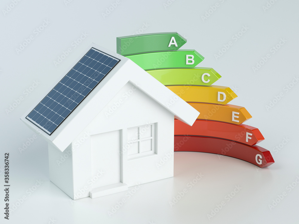 3D small house with solar panels and energy efficiency, 3d illustration 3D small house with solar panels and energy efficiency, 3d illustration