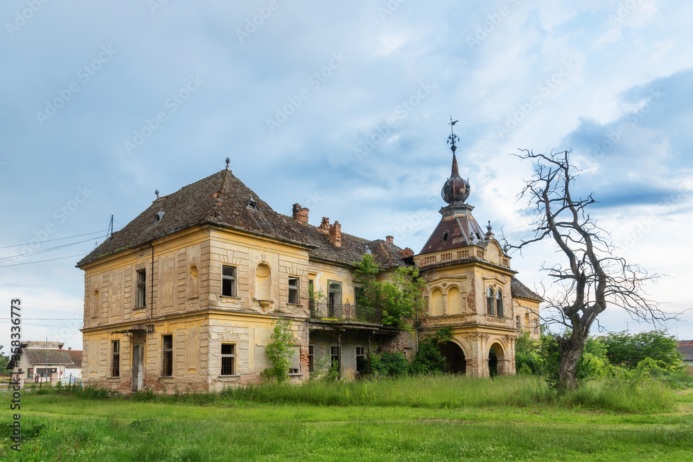 Vlajkovac, Serbia - June 04, 2020: Bissingen-Nipenburg Castle in Vlajkovac, Serbia. It was erected in 1859 and is a cultural monument of great importance. Abandoned castle