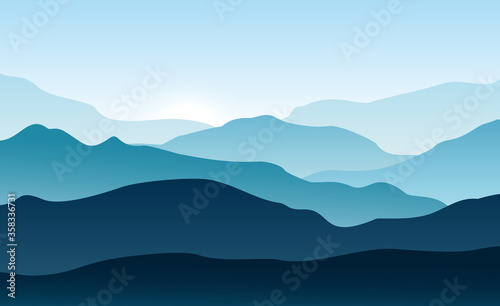 Vector horizontal landscape with fog  forest  mountains and morning sunlight. Illustration of panoramic view  mist and silhouettes mountains. Good for wallpaper  background  banner  cover  poster