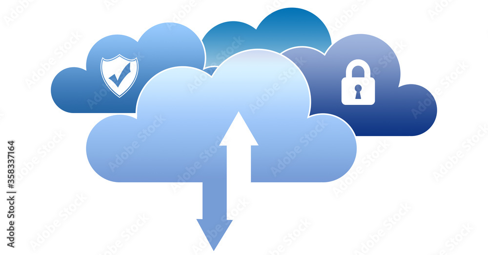 Public and hybrid clouds concept. Blue clouds with security logos and arrows introducing connectivity with on-premise infrastructure. Modern network architecture. Public and hybrid clouds concept. Blue clouds with security logos and arrows introducing connectivity with on-premise infrastructure. Modern network architecture.