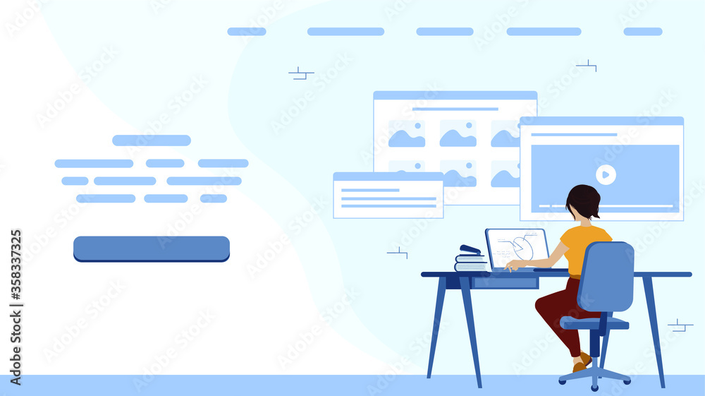 Woman work in office, computer on desk, sit back. Example of web page Woman work in office, computer on desk, sit back. Example of web page