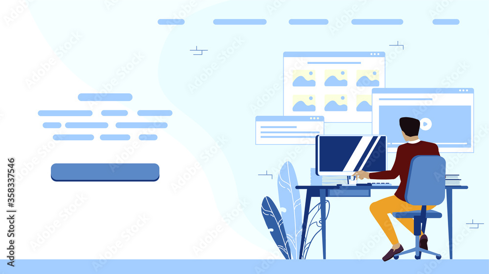 Fototapeta premium Open window of application on the background, businessman sit back on the computer. Example of web page. 