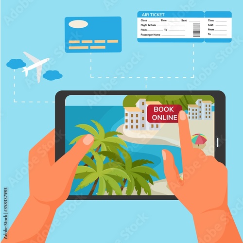 Device application for booking ticket and hotel, vector illustration. Journey app with resort on mobile flat screen. Online apartment reservation concept, plan cartoon trip on holiday.