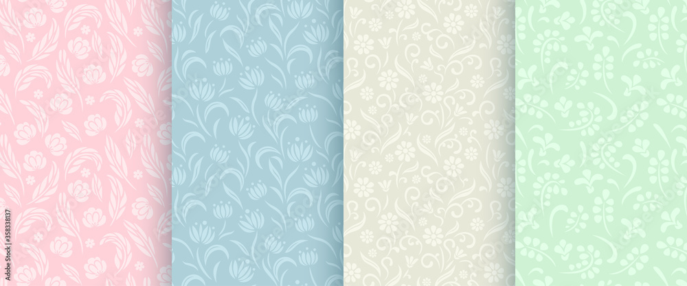 Set of ornamental flowers seamless pattern. Collection of floral backgrounds of different colors. Vector illustration. 