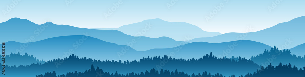 Vector horizontal landscape with fog, forest, mountains and morning sunlight. Illustration of panoramic view, mist and silhouettes mountains. Good for wallpaper, background, banner, cover, poster