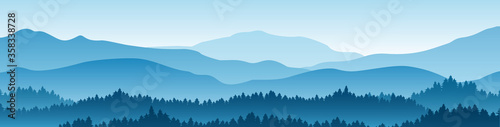 Vector horizontal landscape with fog, forest, mountains and morning sunlight. Illustration of panoramic view, mist and silhouettes mountains. Good for wallpaper, background, banner, cover, poster © MaryDesy