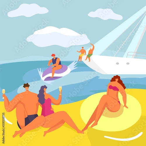 Party at yacht, people in cruise vector illustration. Luxury lifestyle, man woman character on boat at cartoon sea adventure. Beautiful vacation at water transport, happy leisure on sail sunny nature.