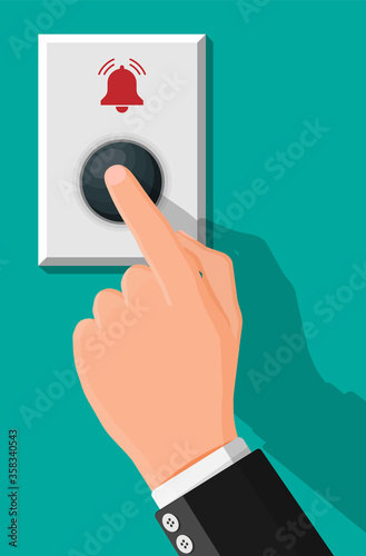 Hand push the bell button at the front door. Finger presses the doorbell switch. Person rings in the apartment. Flat vector illustration