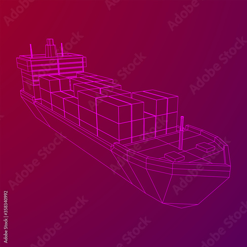 Heavy dry cargo ship of bulk carrier with freight containers. Wireframe low poly mesh vector illustration.