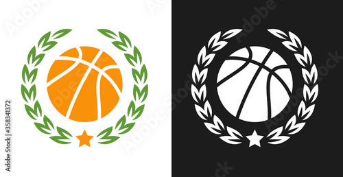 Basketball logo, badge or label concept. Creative design template composition for branding sport club, championship, competition. Modern vector illustration.