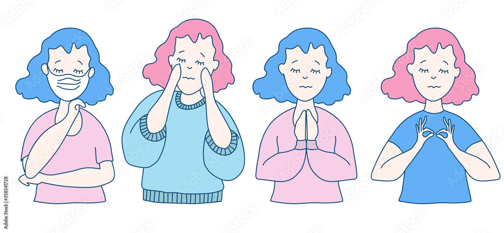 Set of cute vector people with closed eyes. Women in different dresses in pastel colors, different poses and gestures. prays, practices yoga, facial massage, a medical mask to protect against the Set of cute vector people with closed eyes. Women in different dresses in pastel colors, different poses and gestures. prays, practices yoga, facial massage, a medical mask to protect against the