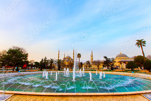 The Blue Mosque, (Sultanahmet Camii) with yellow tulips, Istanbul, Turkey