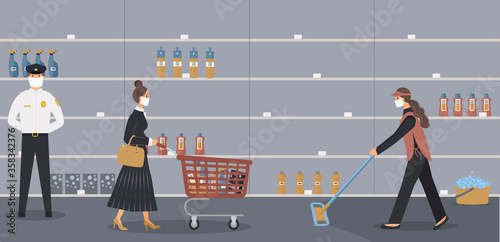 Household chemicals store during epidemic of virus. Security guard in protective medical mask and customer select products for disinfection and cleaning on half-empty shelves.Cleaner wash floor.Vector