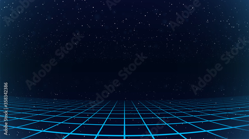 Synthwave background. Dark Retro Futuristic backdrop with blue perspective grid and sky full of stars. Horizon glow. Abstract Retrowave template. 80s Vaporwave style. Stock vector illustration