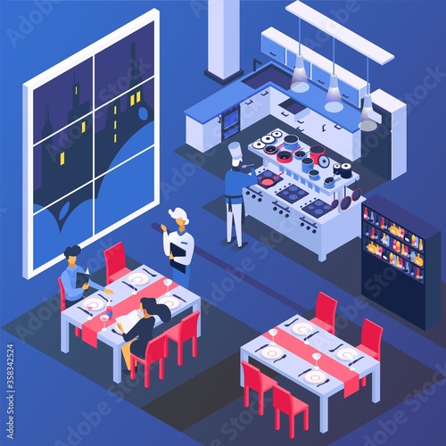 Couple people in restaurant at table  romantic dinner vector illustration. Man woman character drink and eat food  isometric love date. Happy isometry dating at cafe flat background.