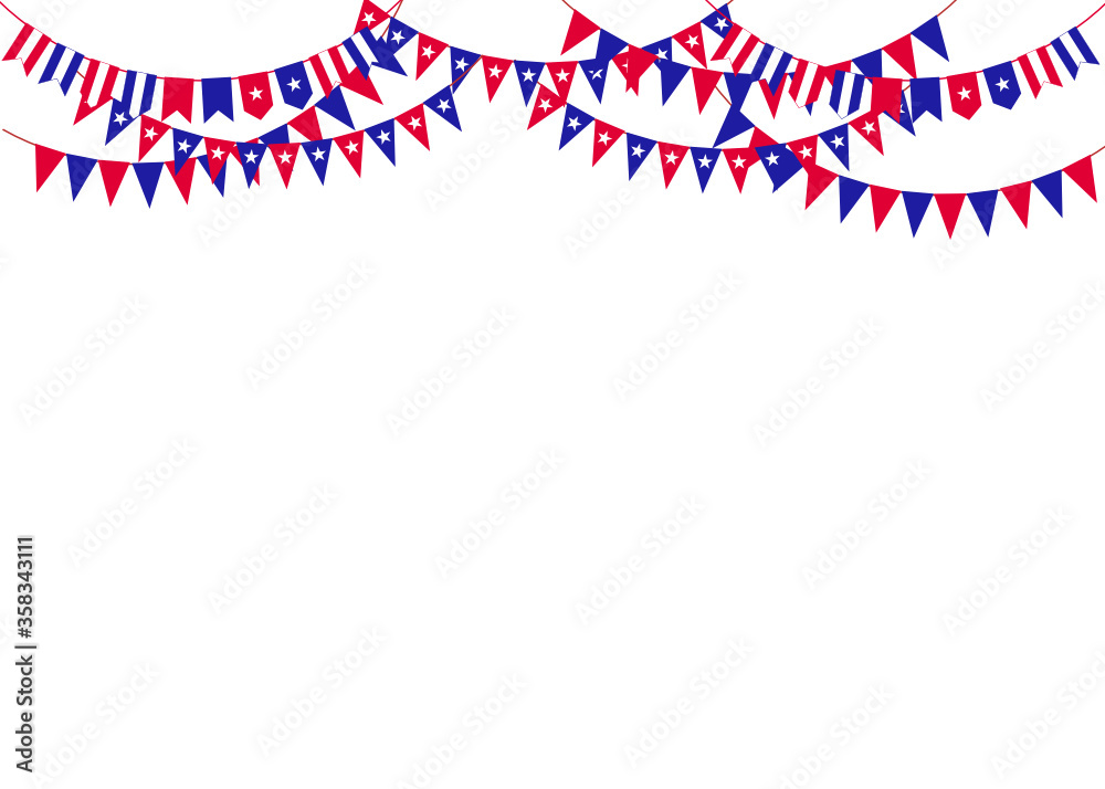 Fototapeta premium The Independence Day concept with red and blue pennants hanging above. Vector illustration. Party invitation with carnival flag garlands with some copy space for your text.