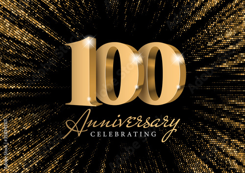 Anniversary 100. gold 3d numbers. Against the backdrop of a stylish flash of gold sparkling from the center on a black background. Poster template for Celebrating 40th anniversary event party. Vector