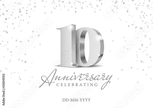 10 Years Anniversary Celebration. Silver 3d numbers. Poster template for Celebrating 10th anniversary event party. Vector illustration