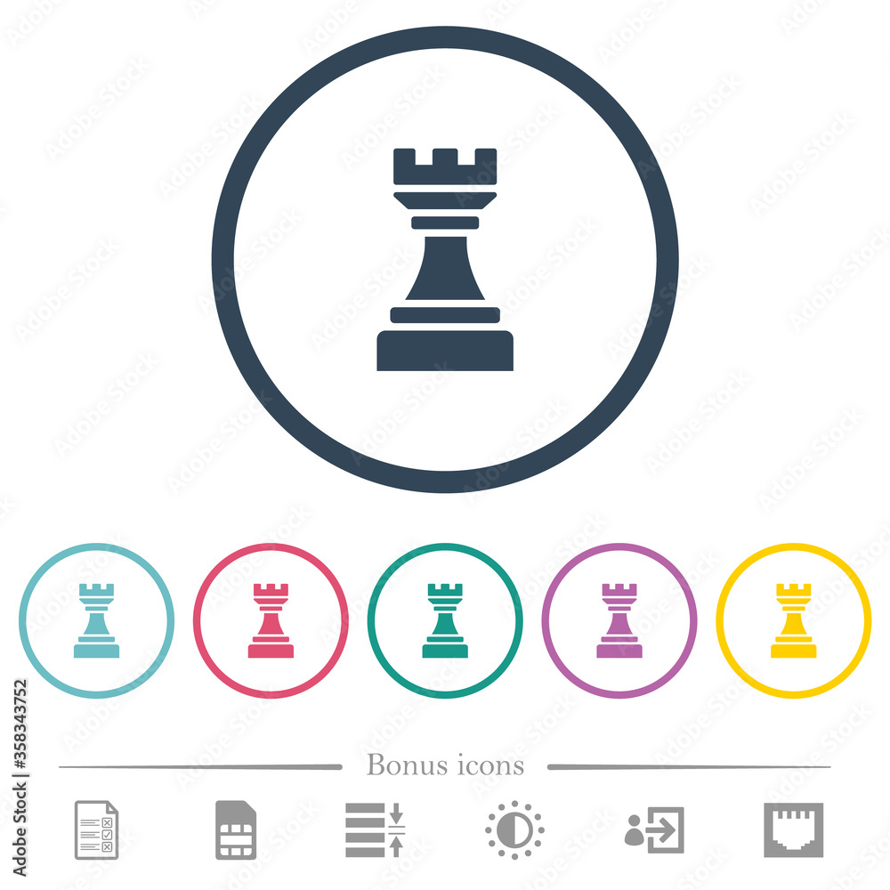 Black chess rook flat color icons in round outlines