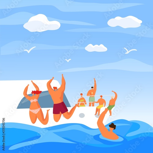Yacht party in summer, sea luxury vacation vector illustration. Luxury ocean travel at ship boat, holiday adventure. Man woman people character in tropical fun cruise, happy sun leisure.