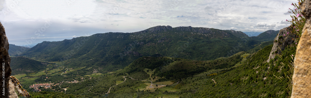 panoramic view of a valley the Corbières mountains in France