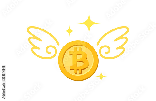 icon bitcion cryptocurrency money gold and wing, currency digital coin for loss financial concept, penny and wings fly concept, symbol bitcoin money coin fly up, bitcoin money with loss tax or debt