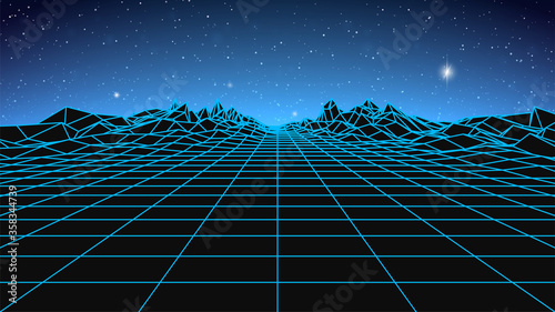 Synthwave background. Dark Retro Futuristic backdrop with blue wireframe landscape and sky full of stars. Horizon glow. Abstract Retrowave template. 80s Vaporwave style. Stock vector illustration