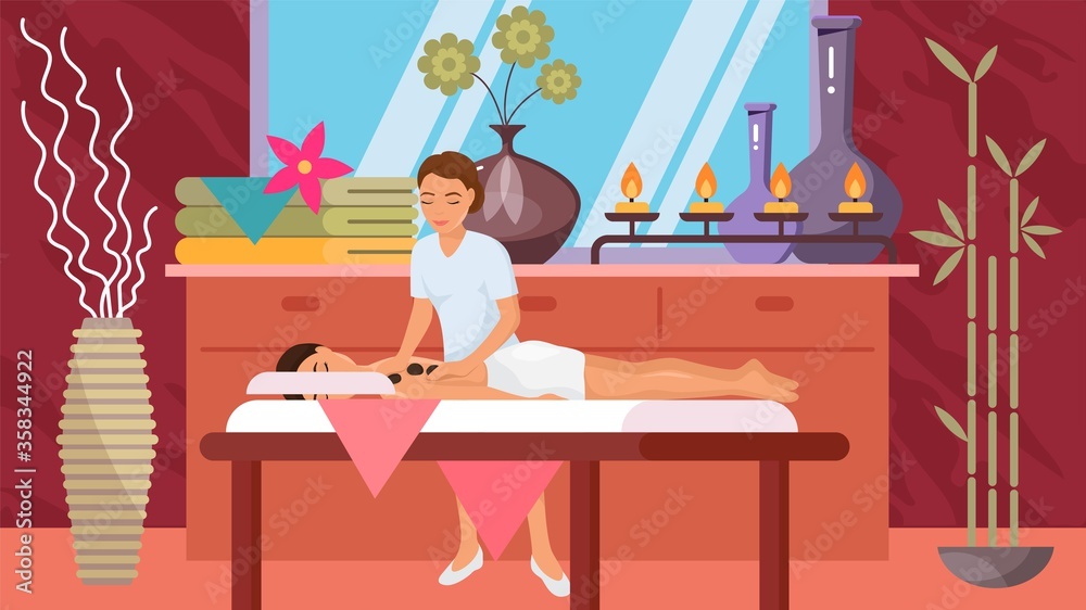 Massage spa beauty relaxation, vector illustration. Girl client character care wellness therapy, woman health treatment for beautiful body. Lifestyle for young healthy skin in cartoon salon.