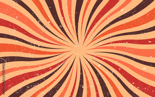 Abstract retro dirty grunge vintage starburst. Vintage sunburst wallpaper. Old paper. Swirl light rays. Texture stripes red brown orange. Cardboard Pattern background